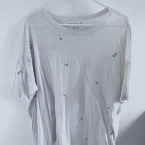 American Eagle Outfitters Embroidered Floral White Oversized Tee Short-Sleeve